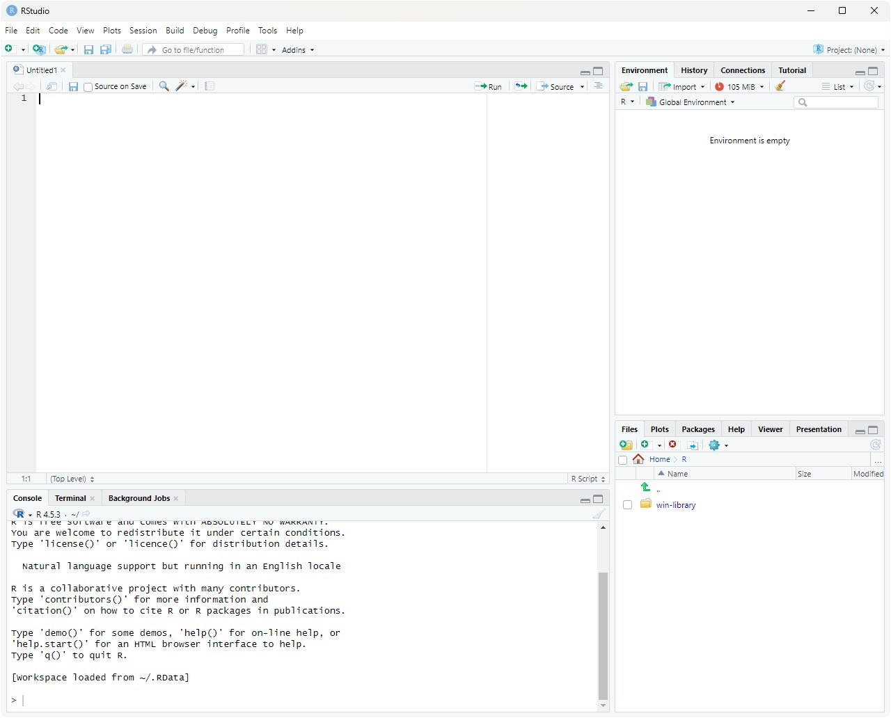 RStudio's four-pane layout, showing the source editor, console, environment, and files panes